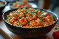 Spicy Shrimp Pasta Dish in Bowl with Scallions and Sesame Royalty Free Stock Photo