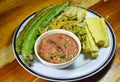 Spicy shrimp paste sauce eat with mixed boiled vegetable on plate