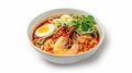 Spicy Shrimp Ramen Noodle Soup with Egg and Herbs Royalty Free Stock Photo