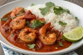 Spicy Shrimp in Red Chile Sauce with Rice and Lime Royalty Free Stock Photo