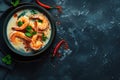 Spicy shrimp soup in a dark bowl on a dark background
