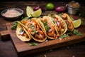 spicy shrimp tacos with lime slices on a rustic wooden tray