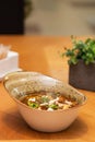 Spicy and sour soup with chicken and broccoli in a restaurant, Asian cuisine Royalty Free Stock Photo