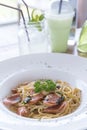 Spicy spaghetti and homemade sausage with thai style cooking, fu Royalty Free Stock Photo