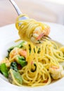 Spicy spaghetti prawn green curry