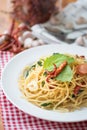 Spicy spaghetti with sausage Royalty Free Stock Photo
