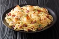 Spicy spaghetti served with scallops and bacon in cream cheese sauce close-up in a plate. horizontal