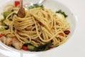 Closeup of Spicy Spaghetti in white round clean disk SELECTIVE FOCUS