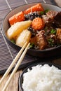 Spicy stewed ribs with vegetables, sesame and rice garnish close Royalty Free Stock Photo