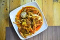 Spicy stir fried chili crab on the wooden table Royalty Free Stock Photo