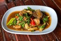 Spicy stir-fried fish with pepper, chili . Stir fried fish with Thai herbs, spicy local food, the unique spice of Thai food. image Royalty Free Stock Photo