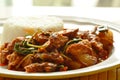 Spicy stir fried grilled pork curry with herb eat couple with rice on plate