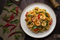 Spicy stir fried instant noodle with shrimp ,green Mussels and squid Royalty Free Stock Photo