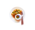 Spicy stir fried pork with red curry paste , chilli and fish sauce  top view isolated on white background , clipping path Royalty Free Stock Photo