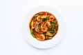 Spicy stir fried seafood and yard long bean with red curry paste. Royalty Free Stock Photo
