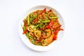 Spicy stir fried shimp, squid and pork with Thai Southern chili paste and longbean on white