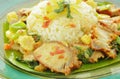 Spicy stir fried sweet grilled and crispy pork with basil leaf on rice Royalty Free Stock Photo