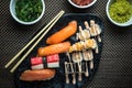 Spicy Sushi set with 12 pieces and various maki Royalty Free Stock Photo