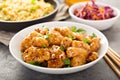 Spicy sweet and sour chicken with rice and cabbage Royalty Free Stock Photo