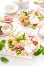 Spicy tacos with grilled salmon, vegetables, ricotta cheese, chili and fresh mint Royalty Free Stock Photo