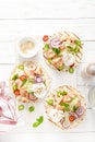 Spicy tacos with grilled salmon, vegetables, ricotta cheese, chili and fresh mint Royalty Free Stock Photo