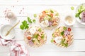 Spicy tacos with grilled salmon, vegetables, ricotta cheese, chili and fresh mint Royalty Free Stock Photo