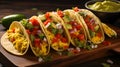 Spicy Tacos with various Ingredients lined up on a Plate. Commercial Kitchen Backdrop Royalty Free Stock Photo