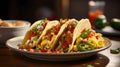 Spicy Tacos with various Ingredients lined up on a Plate. Commercial Kitchen Backdrop Royalty Free Stock Photo