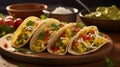 Spicy Tacos with various Ingredients lined up on a Plate. Commercial Kitchen Backdrop Royalty Free Stock Photo