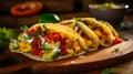 Spicy Tacos with various Ingredients lined up on a Plate. Commercial Kitchen Backdrop Royalty Free Stock Photo