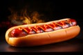 Spicy tasty hot unhealthy American hot dog grill sausages meal fast food on grill fire BBQ picnic advertisement ad