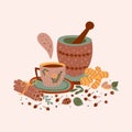 Spicy tea illustration. Hot flavored spiced tea party print. Cartoon cinnamon, ginger, black paper, cardamon, clove. Cup