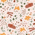 Spicy tea pattern. Spiced tea seamless background. Cartoon cinnamon, ginger, black paper, cardamon, clove. Flavor