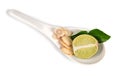 Spicy Thai food ingredients lime,ginger, kaffir ,lemongrass in spoon isolated on white Royalty Free Stock Photo