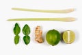 Spicy Thai food ingredients lime, ginger, kaffir , lemongrass on white Royalty Free Stock Photo