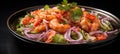 Spicy thai seafood salad on black plate with isolated background copy space for text Royalty Free Stock Photo