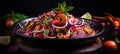 Spicy thai seafood salad on black plate, pastel background, ideal for text placement. Royalty Free Stock Photo