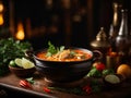 Spicy Thai Tom Yum Kung, Tum Yum Goong Soup, famous cuisine from Thailand Royalty Free Stock Photo