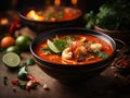 Spicy Thai Tom Yum Kung, Tum Yum Goong Soup, famous cuisine from Thailand Royalty Free Stock Photo