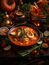 Spicy Thai Tom Yum Kung, Tum Yum Goong Soup, famous cuisine from Thailand Royalty Free Stock Photo