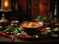 Spicy Thai Tom Yum Kung, Tum Yum Goong Soup, famous cuisine from Thailand Royalty Free Stock Photo