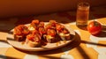 Spicy tomato Italian appetizers or bruschettas on toasted baguette slices garnished with tomatoes