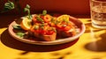 Spicy tomato Italian appetizers or bruschettas on toasted baguette slices garnished with tomatoes