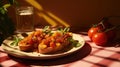 Spicy tomato Italian appetizers or bruschettas on toasted baguette slices garnished with tomatoes