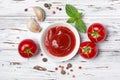 Spicy tomato ketchup sauce with Cherry tomatoes, garlic and basil Royalty Free Stock Photo