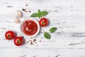 Spicy tomato ketchup sauce with Cherry tomatoes, garlic and basil Royalty Free Stock Photo