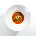 Spicy Tomato Soup with Fried Mussels and Chili Pepper Royalty Free Stock Photo