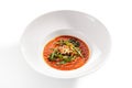 Spicy Tomato Soup with Fried Mussels and Chili Pepper Royalty Free Stock Photo