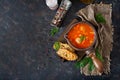 Spicy tomato soup with meatballs, pasta and vegetables. Healthy dinner. Royalty Free Stock Photo