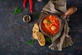 Spicy tomato soup with meatballs, pasta and vegetables. Healthy dinner. Royalty Free Stock Photo